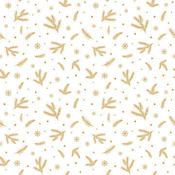 Gold floral Chrisrmas pattern. Gold fir branches background. Golden winter forest texture. Winter holiday seamless