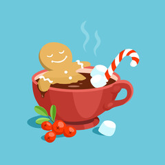 A cute cartoon gingerbread man takes a bath of hot chocolate in a red marshmallow cup. Vector Christmas card illustration