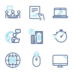 Technology icons set. Included icon as Swipe up, Parking payment, Laptop repair signs. Timer, 5g internet, Document symbols. People chatting, Computer line icons. Scrolling page, Paid garage. Vector