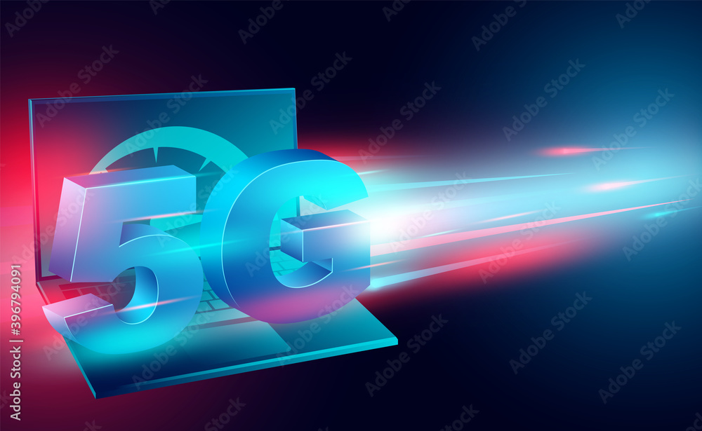 Poster high speed internet concept. 5g network on computer laptop broadband networks speed. isometric flat 