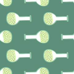 Abstract flask ornament seamless school pattern. Laboratory equipment on green background.