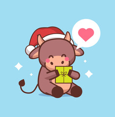 little ox in santa hat holding gift box happy chinese new year 2021 greeting card cute cow mascot cartoon character full length vector illustration