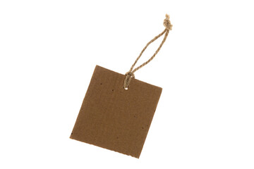 Blank and empty cardboard price tag tied with string isolated on white background with clipping path