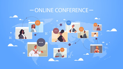 businesspeople in web browser windows discussing during corporate online international conference mix race working by group video call world map background horizontal portrait vector illustration - obrazy, fototapety, plakaty