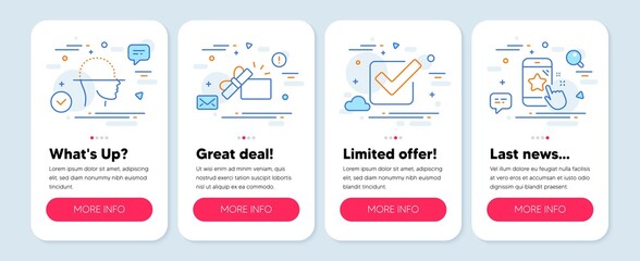 Set of line icons, such as Checkbox, Opened gift, Face scanning symbols. Mobile screen mockup banners. Star rating line icons. Approved tick, Present box, Faces detection. Phone feedback. Vector