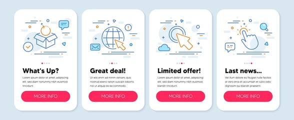 Set of Technology icons, such as Click here, Internet, Return package symbols. Mobile app mockup banners. Touchpoint line icons. Push button, World web, Exchange goods. Touch technology. Vector