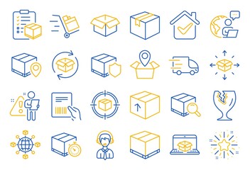 Logistics, Shipping document line icons. Set of Truck Delivery, Box and Checklist icons. Parcel tracking shipping, World trade logistics. Location pin, Goods parcel insurance and document. Vector