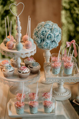 Colorful decoration of a first year birthday cake for twins. Happy birthday. White, pink, blue colors