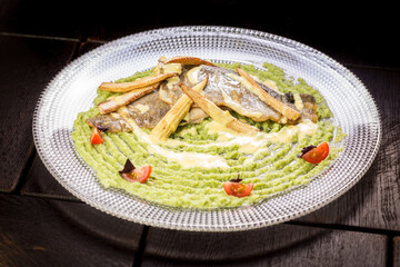 halibut fillet with cauliflower puree prepare a dish to create a menu