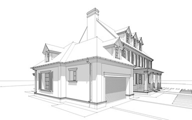 3d rendering of modern cozy classic house in colonial style with garage and pool for sale or rent with beautiful landscaping on background Black line sketch with soft light shadows on white background