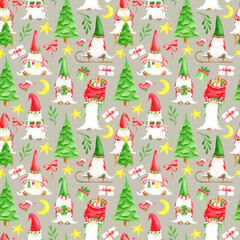 Watercolor Christmas gnomes seamless pattern. Hand drawn scandinavian folklore elf, christmas tree, gift box, red bow, mistletoe leaves, star and christmas sock on silver grey background for wrapping 