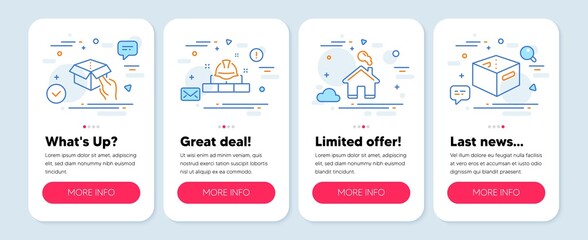 Set of Industrial icons, such as Hold box, Home, Construction bricks symbols. Mobile app mockup banners. Office box line icons. Delivery parcel, House building, Builder. Hold box icons. Vector