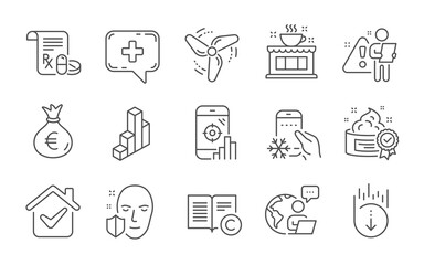 Medical chat, Coffee shop and Scroll down line icons set. Medical prescription, Refrigerator app and Cream signs. Wind energy, Face protection and Money bag symbols. Line icons set. Vector