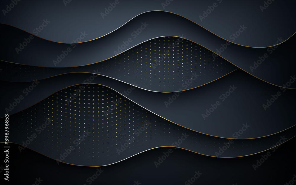 Canvas Prints wavy black overlap layer background with golden glitters and golden line