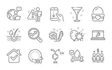 Chemical formula, Laptop repair and Ice cream line icons set. 360 degrees, Analytics and Meeting signs. Flood insurance, Balloon dart and Cocktail symbols. Line icons set. Vector
