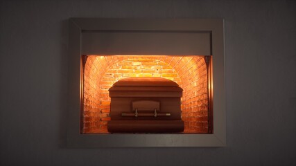 Coffin being cremated in a crematorium. - obrazy, fototapety, plakaty