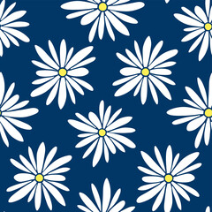 Beautiful white chamomile flowers isolated on blue background. Cute floral seamless pattern. Vector flat graphic hand drawn illustration. Texture.