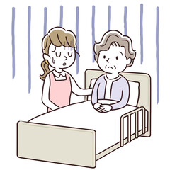 ベクターイラスト素材：シニア女性の介護に疲れるスタッフの女性
