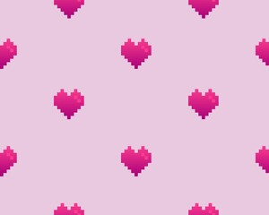 Pink pixel heart on pink background, seamless vector pattern. Stock illustration for web, print, background and wallpaper, textile, scrapbooking and wrapping paper. 
