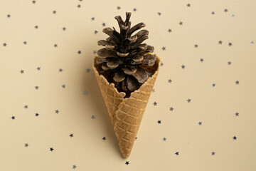 Waffle horn with spruce cone. Concept food.