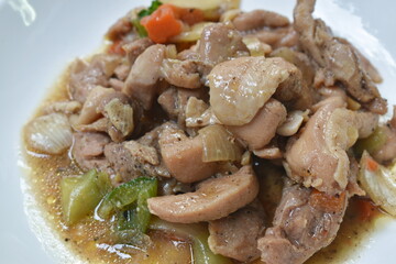 fried chicken with slice sweet bell chili black pepper sauce on palte