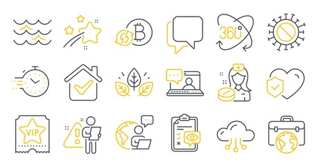 Set of line icons, such as Cloud computing, Life insurance, Organic tested symbols. Businessman case, Vip ticket, Waves signs. Coronavirus, Nurse, Full rotation. Timer, Friends chat. Vector