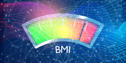 Body mass index meter read high level result. Color scale with arrow from green to red. The measuring device icon. Colorful infographic gauge element. 3D rendering