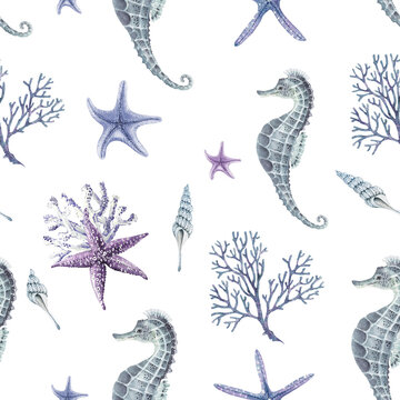 seamless pattern with seahorses and stars on a white background, hand-painted sea objects and underwater inhabitants close up