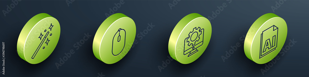 Poster set isometric magic wand, computer mouse, computer monitor and gear and ai file document icon. vecto