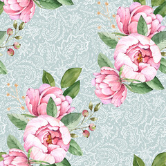 seamless pattern with delicate pink flowers peonies watercolor illustration, hand painted close up