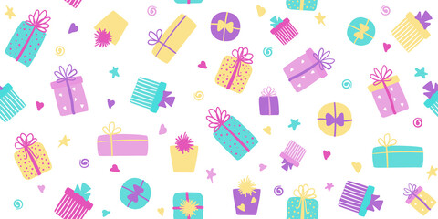 Gift boxes vector seamless pattern. Cute long background, banner with colorful presents. For wrapping paper,wallpapers