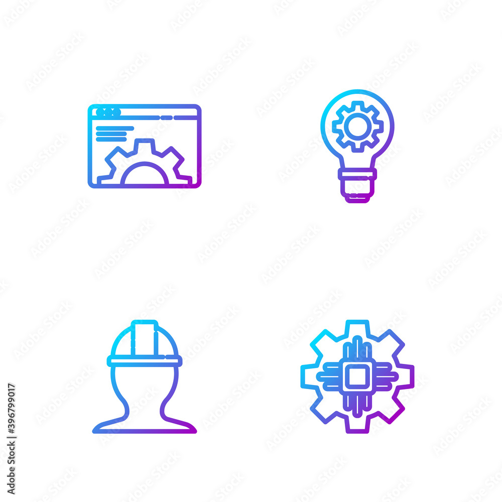 Poster set line processor, worker safety helmet, browser setting and light bulb and gear. gradient color ic