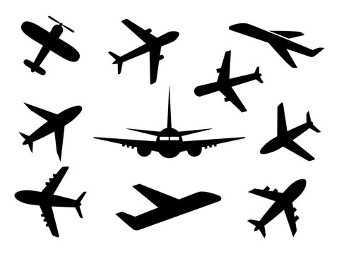 Airplanes icon set. Plane black outline collection isolated. Travel symbol vector illustration isolated on white.