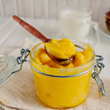 Ghee-clarified butter prepared from the milk of cows. This ghee oil is used during religious ceremonies in India. Ayurveda.