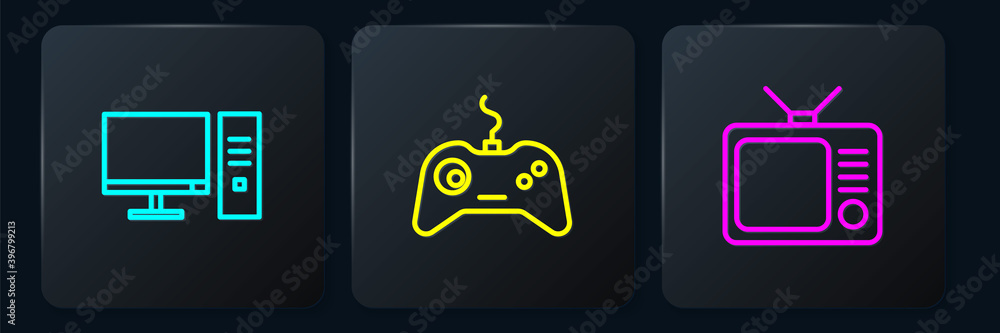 Poster set line computer monitor, retro tv and gamepad. black square button. vector.
