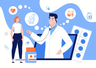 Video Call from the Patient to the Doctor. The Girl, Without Leaving the House, Consults with a Therapist through a Laptop. Online Medical Consultation. Vector Flat Illustration.