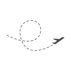 Airplane line path vector icon. Travel concept. Air plane flight route with start point and line trace isolated on white background