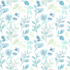 Soft blue leaves watercolor seamless pattern
