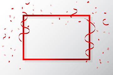 Red Confetti And Frame With Ribbons On Background. Celebration Event. Birthday. Vector