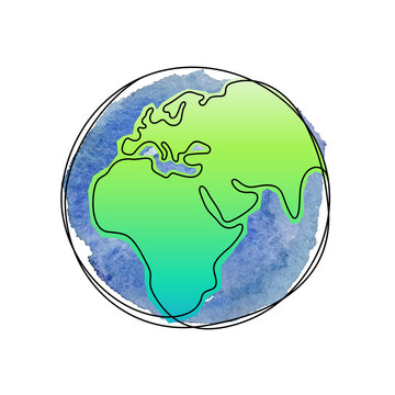 Earth Planet one line vector illustration with watercolour background