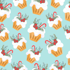 Endless pattern with Christmas pastries. On
  blue background festive cupcakes. Original print for textiles and paper. Vector illustration.