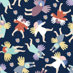Seamless colorful decorative vector pattern of magic micro world with fairies on dark blue