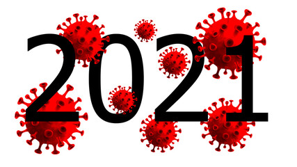 Happy New Year 2021. 2021 with a covid icon. Coronavirus in 2021. Covid-19 coronavirus on 2021. Covid Christmas. Vecto flat illustration.