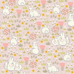 Fototapeta na wymiar Spring bunnies seamless pattern with flowers. Vector graphics.