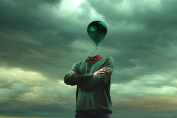 Male body of model with green ballon instead head isolated on blue grey background. Trendy colours and modern design. Contemporary art collage. Inspiration, mood, creativity, brain concept