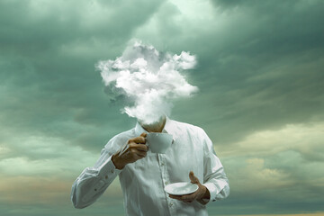 Tea time. Male body of model with head full of smoke about sky and clouds. Trendy colours, gradient grey-white background. Contemporary art collage. Inspiration, mood, creativity, brain concept