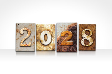 Year 2028 Written in Vintage Letterpress Block Type