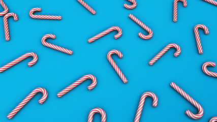 Obraz premium 3D illustration of many red and white striped candy canes on bright blue background.
