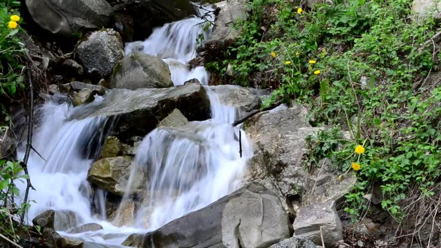 Mountain waterfall in a green forest among stones and trees. Cascade falls over mossy rocks.