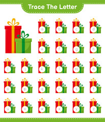 Trace the letter. Tracing letter alphabet with Gift Boxes. Educational children game, printable worksheet, vector illustration